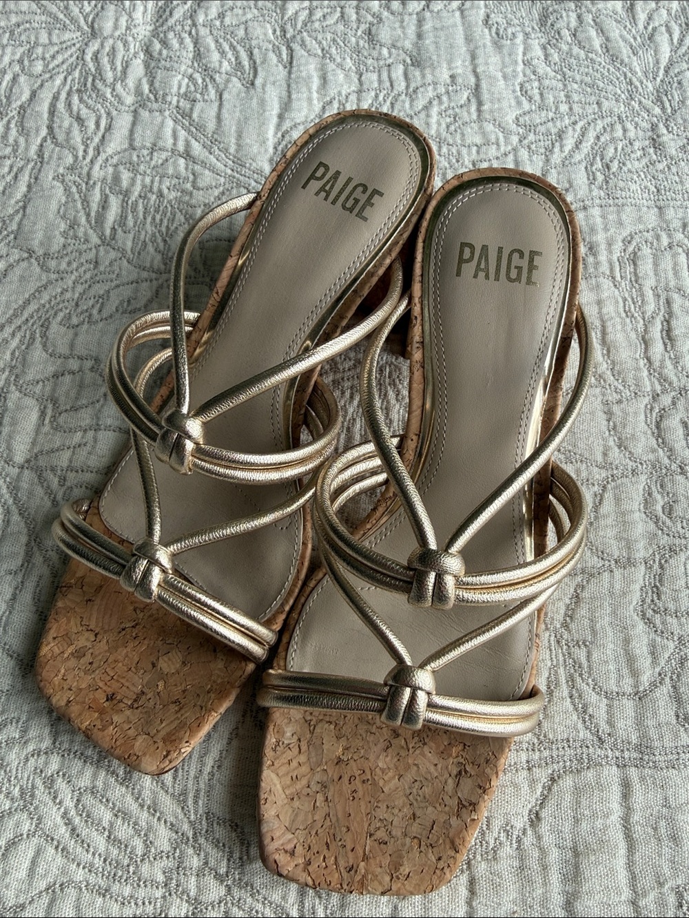 PAIGE Vivian Light Gold Leather Strappy Block Heel Slide Sandals Size 7.5